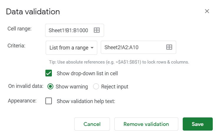 Adding data validation values